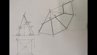 Development of surfaces 3  Square Pyramid  Engineering Graphics  Truncated Pyramid [upl. by Mercer]