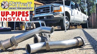 2001 F350 73  RiffRaff UpPipes Install  Stock up pipes leaking and falling apart JUNK SP [upl. by Perkin180]